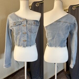 Fashion Nova Womens One Shoulder Denim Jacket Light Wash Blue Cropped Large L